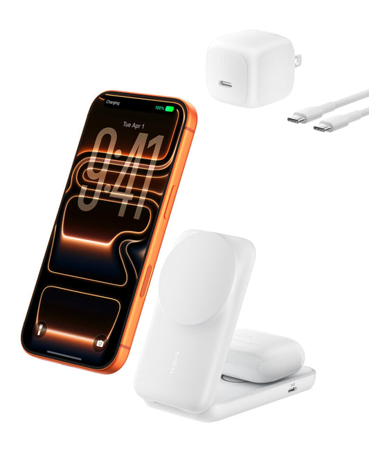 Belkin MagSafe Charger, Compatible 2-in-1 Charging Station, Qi2.2 25W Magnetic Wireless Charger iPhone, Foldable Stand, with 5W USB-C Port, for iPhone 17/16/15, Pixel 10, AirPods, 45W Adapter Included