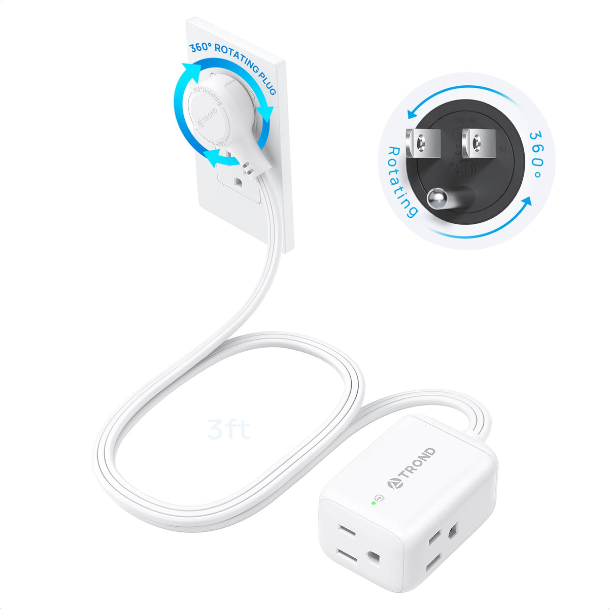 TROND Rotating Flat Plug Extension Cord Surge Protector 1.5ft, 3 AC, White