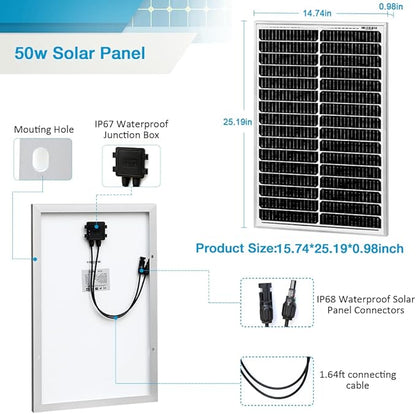50W 12V Solar Panel, High Efficiency Monocrystalline Solar Maintainer, Waterproof Portable Solar Panel for Charging 12V Battery of RV Boat Trailer ATV Car or Powering Light