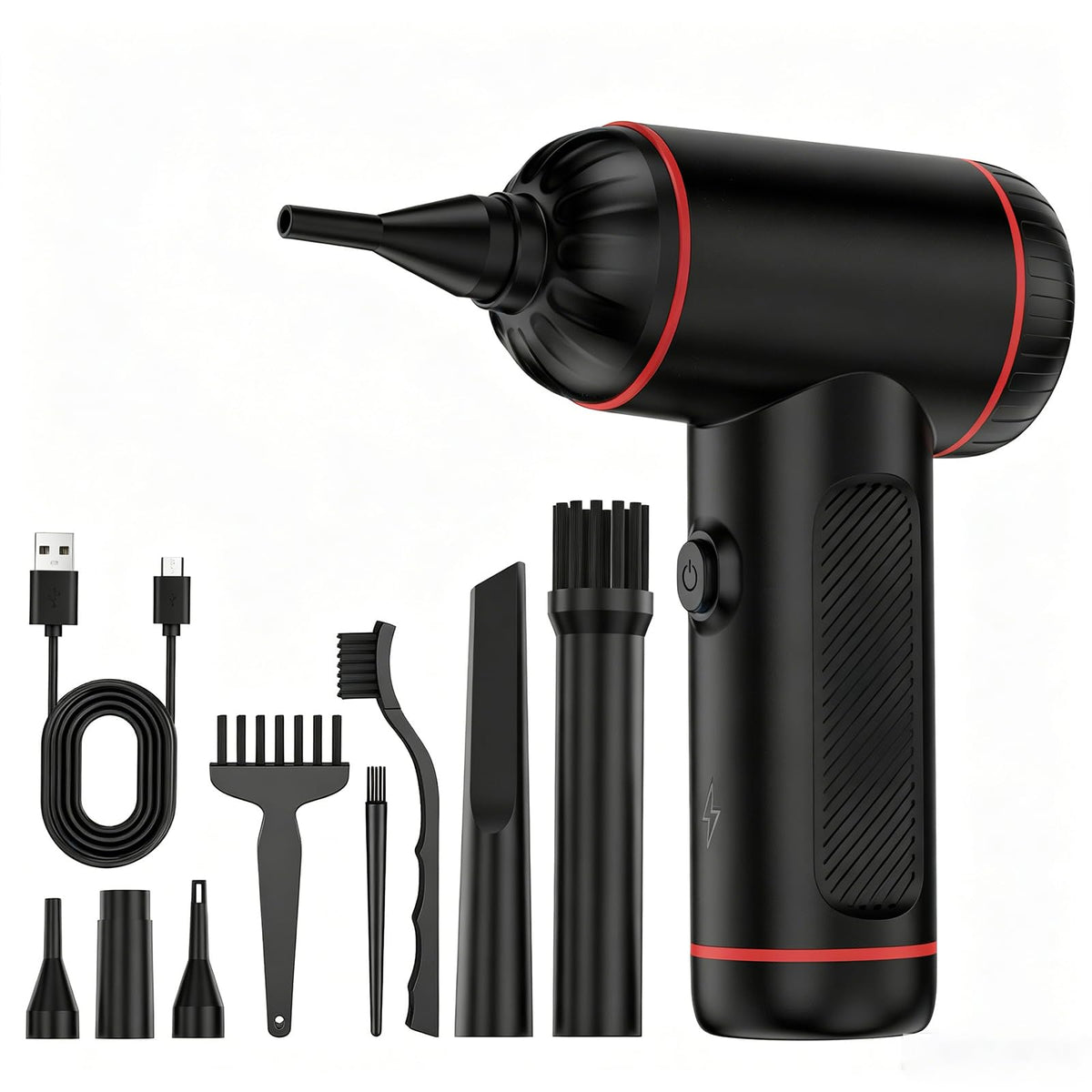 Compressed Air Duster, 100000RPM Handheld Car Vacuum/Air Blower& Pump, 3 Gear Adjustable Electric Air Duster/Car Vacuum Cleaner, Keyboard Duster with LED Light-10 Kits Air Blower for Computer(Black)