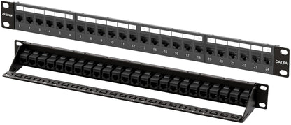 FGB 24 Port Cat6A Keystone Patch Panel, 19" Rackmount or Wall Mount, 1U with Back Bar, Network Patch Panel for Gigabit Ethernet