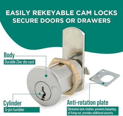 Olympus Lock DCN2 Rekeyable Cam Locks | 1-1/8" Cylinder 101 Key Lock, Keyed Alike | Grade 1 Cam Lock | US26D Chrome Cabinet Locks | Reversible Cam Lock for Doors & Drawer Lock