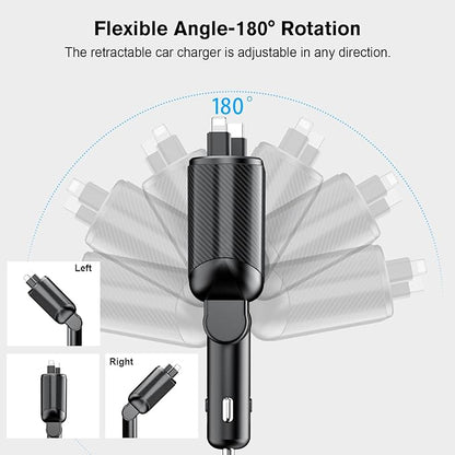 Retractable Car Charger 4 in 1 Fast Charging Adapter Magjieyx 62W Retractable Type-C/USB-i Cables and USB C/USB A QC & PD Devices for iPhone 16/15/14/13/12Pro Max Plus,iPad,AirPods, Galaxy