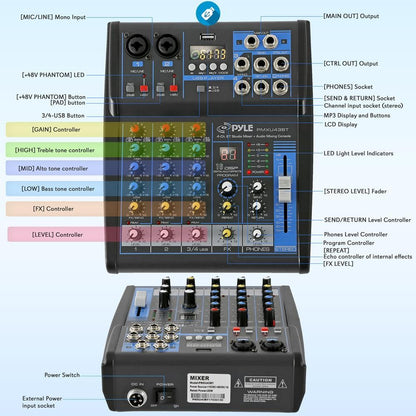 Pyle 4 Channel Audio Mixer with Bluetooth - DJ Sound Board Controller - USB Computer Input - Built-in MP3 Player - 48V Phantom Power - 3 Band EQ - 16-Bit DSP FX - Band, Studio Ready - PMXU43BT