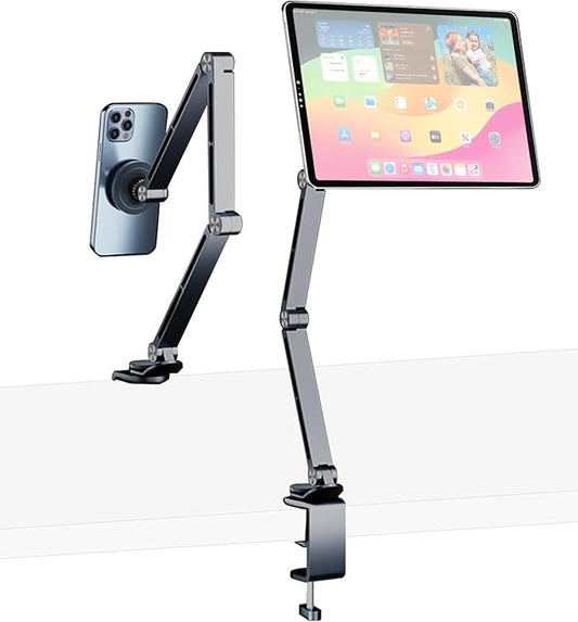 HIBORI Magnetic Tablet Stand for Desk Aluminum Alloy Phone iPad Desk Holder Overhead Arm Mount with 360°Rotate Base for Magsafe/iPhone/Android/iPad (Magnetic Gray)