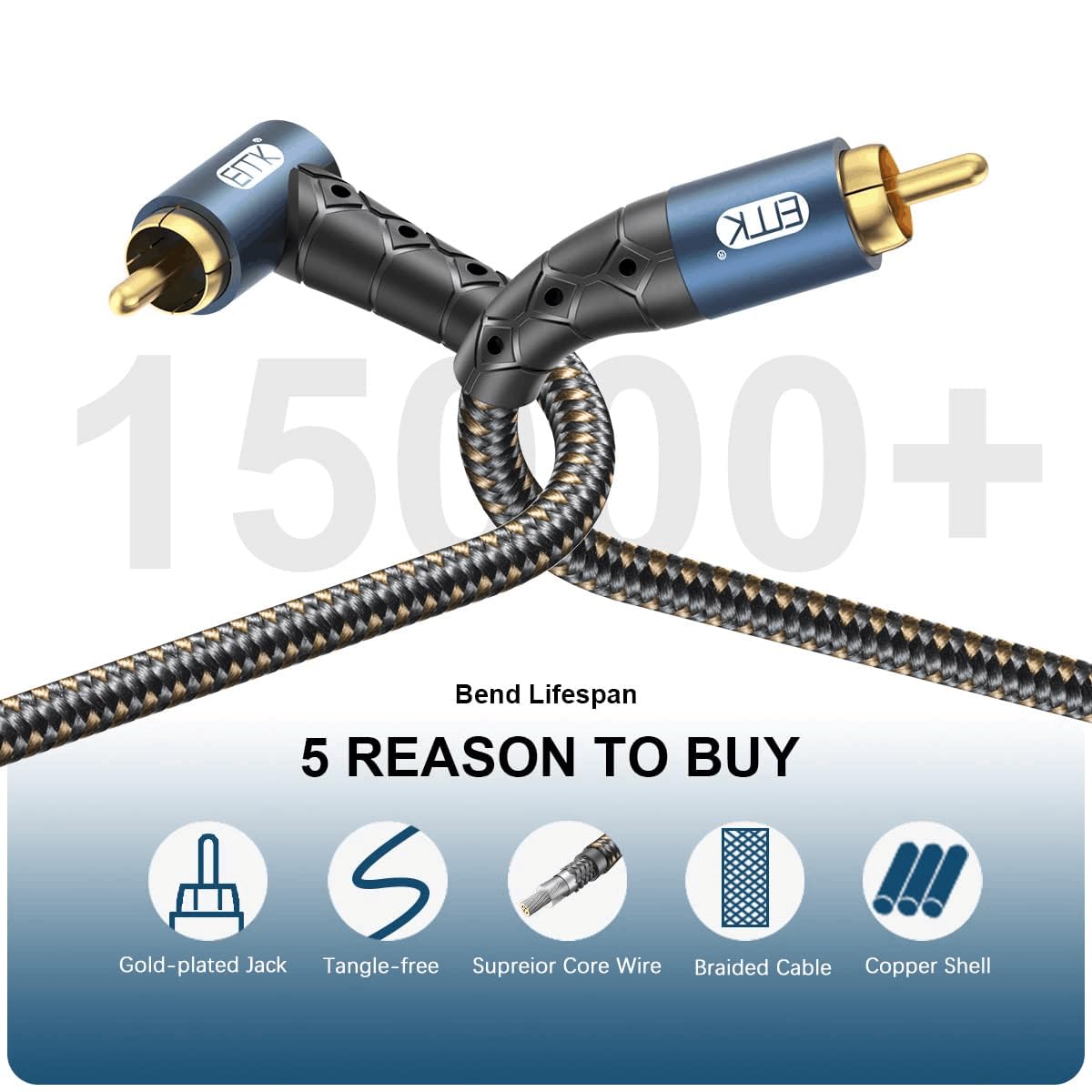 EMK RCA Subwoofer Cable 90 Degree RCA to RCA Audio Cable 24K Gold-Plated Nylon Braided Double Shielded Digital Analogue Supports Amplifiers,Home Theater,Hi-Fi Systems,Subwoofer(30ft/10m)