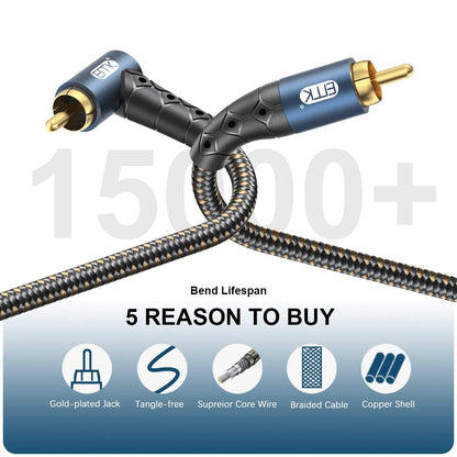 EMK RCA Subwoofer Cable 90 Degree RCA to RCA Audio Cable 24K Gold-Plated Nylon Braided Double Shielded Digital Analogue Supports Amplifiers,Home Theater,Hi-Fi Systems,Subwoofer(30ft/10m)