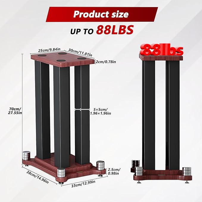 A Pair of Universal Speaker Stands, Heavy Duty Speaker Stands Holds Bookshelf Speaker Satellite Speaker Large Speaker, Vibration-Absorbing MDF Design, Holds 88lbs Speaker (Teak, 70cm/27.5in)