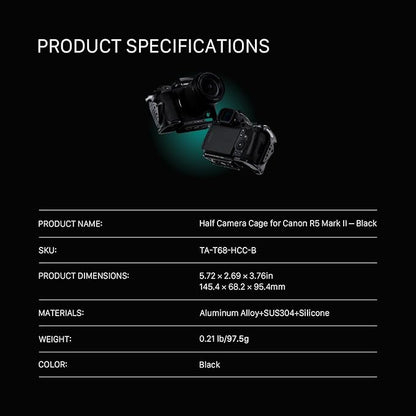 Tilta Half Camera Cage Compatible with Canon R5 Mark II - Black | Mount Accessories w/Cold Shoe, 1/4"-20 and 3/8"-16 | Securely Attaches to Camera | Silicone Padding and Lightweight
