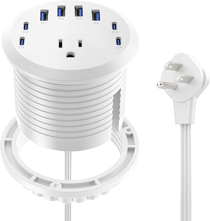 Jgstkcity 65W USB-C Hidden Desktop Power Grommet: 1 AC Outlet,8 USB Charging Ports,3'' Hole Flush Mount Pop-Up Power for Conference Tables & Nightstands (Whtie, 6 FT)