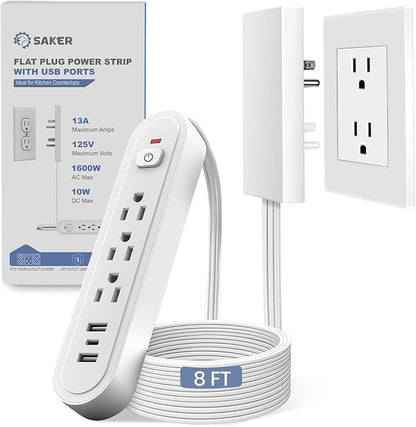 Saker Outlet Concealer Power Strip, 8FT Surge Protector Flat Extension Cord with 3 Outlets and 3 USB Ports, Outlet Cover Baby Proofing for Kitchen, Home and Office (8FT)