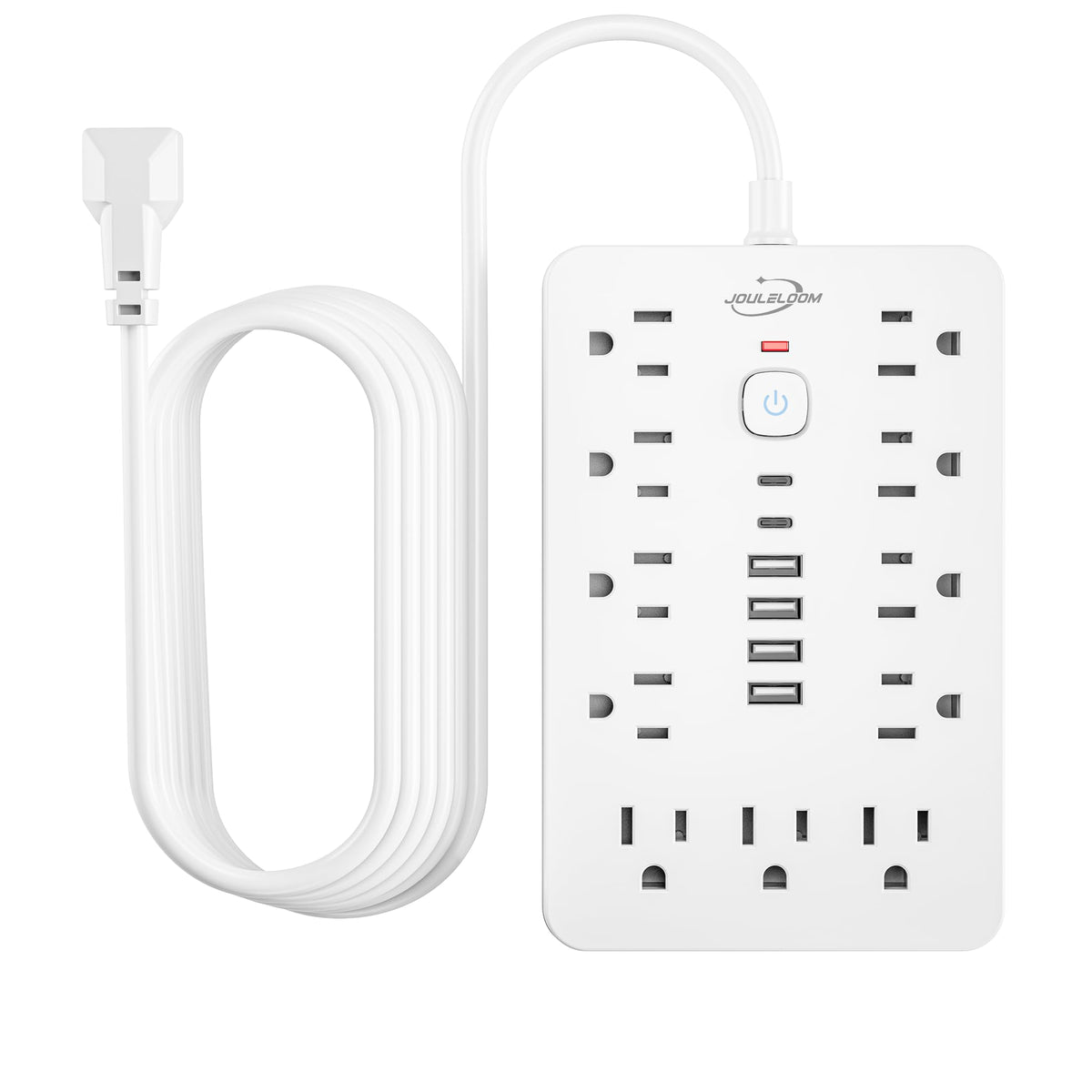 JouleLoom 10 FT Flat Plug Power Strip,11 Multiple AC Outlets with 6 USB Ports (2 USB C), 6 Feet Extension Cord, 1250W/10A, One Touch Switch Button, White