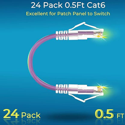 Rapink Patch Cables Cat6/ Cat6a 0.5ft (24 Pack) Slim, Cat6a Ethernet Patch Cable 10G Support, Snagless Cat 6 Patch Cable for Patch Panel to Switch, Flexiable Cat6 Ethernet Cable Purple