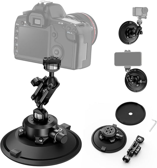 CAMEDAFLX 6" Camera Suction Cup Mount with Ball Head Magic Arm,Quick Release Metal Vacuum Suction Cup Mount Car Windshield Dash Mount for Action Camera/Phone Holders with 1/4",1/8" Holes(Black)