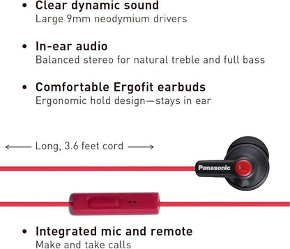 Panasonic ErgoFit Wired Earbuds With Microphone, 3.5mm Jack Headphones with Mic and Call Controller, Ergonomic Custom-Fit Earpieces (S/M/L), for Phones and Laptops - RP-TCM125-KB (Matte Black/Red)