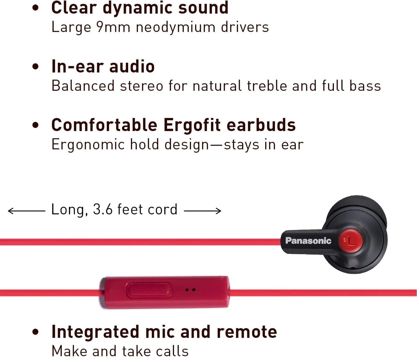 Panasonic ErgoFit Wired Earbuds with Microphone, 3.5mm Jack Headphones with Mic and Call Controller, Ergonomic Custom-Fit Earpieces (S/M/L), for Phones and Laptops - RP-TCM125-KB (Matte Black/Red)