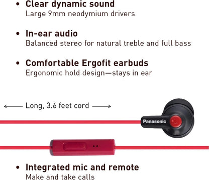 Panasonic ErgoFit Wired Earbuds with Microphone, 3.5mm Jack Headphones with Mic and Call Controller, Ergonomic Custom-Fit Earpieces (S/M/L), for Phones and Laptops - RP-TCM125-KB (Matte Black/Red)