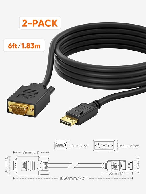 CableCreation DP to VGA Cable 6 FT, 2-Pack DisplayPort to VGA Cable Gold Plated 1080p@60Hz, DP Male to VGA Male Cable, Black