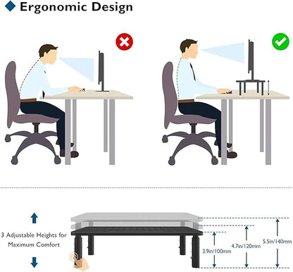 BONTEC 2 Pack 3 Height Adjustable Monitor Stand Riser with Pen Holder, Ergonomic Metal Laptop Stand with Cable Management, Desktop Stand for Computer, Printer, Monitor, Laptop, Black Steel, 14.5 in