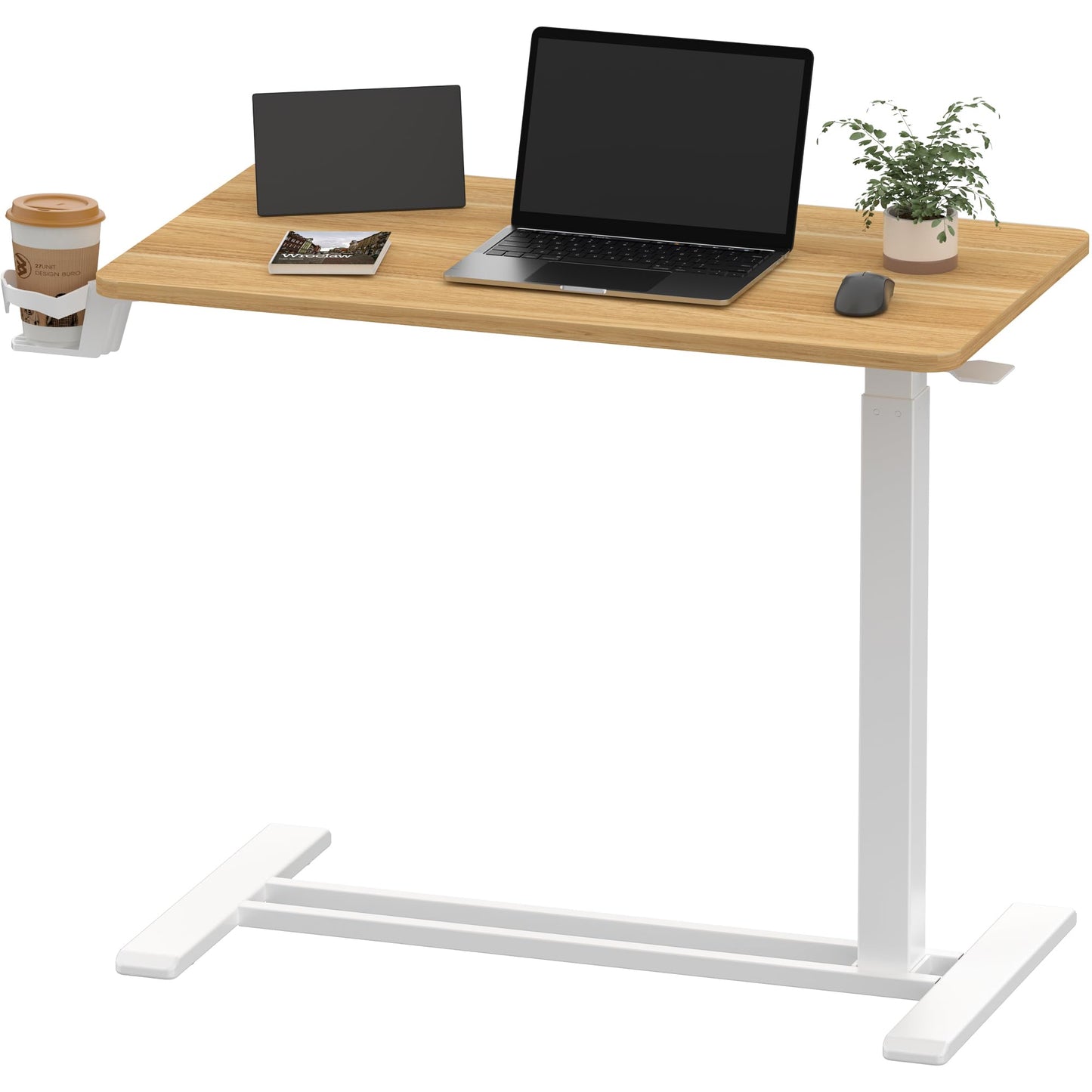 SANODESK 32''Pneumatic Adjustable Overbed Bedside Table with Hidden Casters