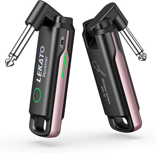 LEKATO Wireless Guitar System UHF Transmitter Receiver - Rechargeable Audio With 70 Channels for Electric Instruments (Pink)
