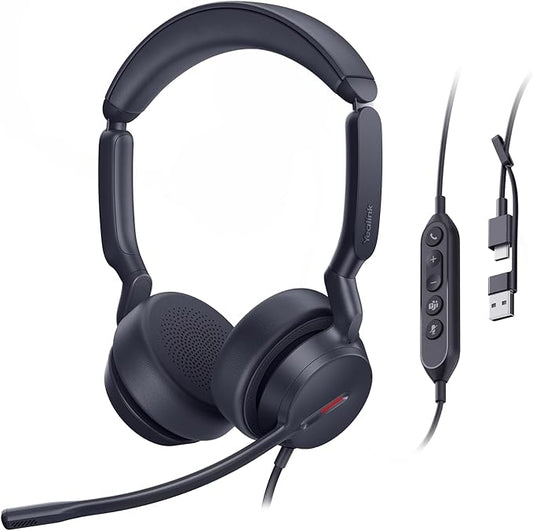 Yealink UH44 Teams Certified USB Wired Headset with 2 Noise Cancelling Mics,Computer Headset for PC,Laptop,Teams,Zoom,Call Center,Home Office,Inline Controls,Comfort Ear Cushions,USB-C/A,Busylight