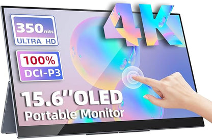 Portable Monitor OLED 15.6 Inch Touchscreen 4K UHD 3840X2160 100% DCI-P3 100000:1 Multi-Touch HDR USB-C HDMI Travel Monitor for Laptop with Kickstand & SleeveCase