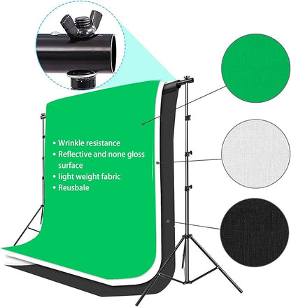 Photo Video Studio 10 x 8.5ft Stand with Muslin Backdrop (Green/White/Black) & 85W 5500K Led Bulb & Umbrella Lighting Kit Photography Background Support System Kit,Clamp, Carry Bag
