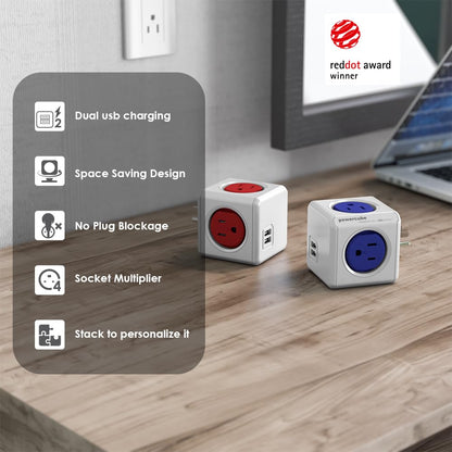 USB Wall Plug, Allocacoc PowerCube Original 4 Outlets 2 USB Ports Phone Charger Power Adapter Surge Protector Compact for Travel, Home Office Dorm Space Saving, 125V 15A 1875Watt ETL Certified Blue