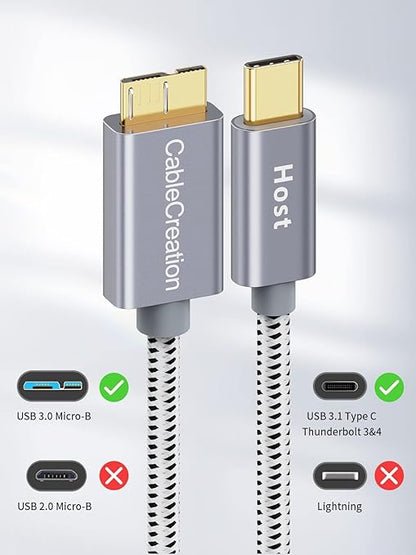 CableCreation 2FT USB C to Micro B Cable,10Gbps Speed External Hard Drive Braided,USB 3.1 Type C to Micro B Work for iPhone 15 Series,Seagate WD Westgate My Passport,MacBook Pro/Air, iPad/Tablet,Grey