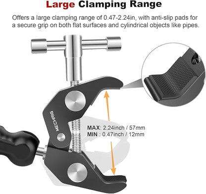Camera Clamp Mount with Dual Ballhead Magic Arm, Aluminum Camera Mount Super Clamp Kit for DSLR Action Camera/Phone/Monitor/LED Light/Microphone, for Desk/Tripod/Tube/Crossbar (SY001)