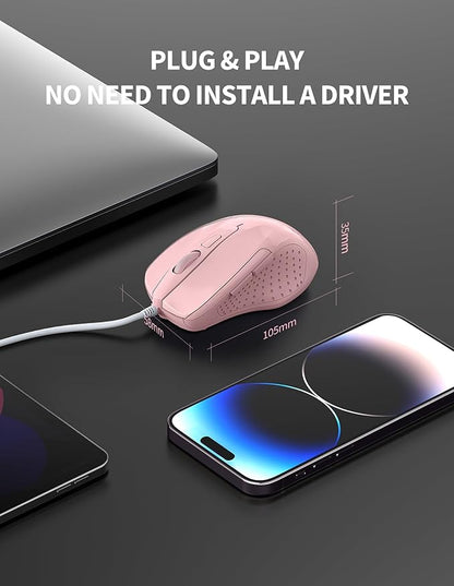 TECKNET Wired Mouse, 6-Button Corded with 4 Adjustable DPI, Optical Ergonomic Design, 5FT Cord for Laptop, Chromebook, PC, Desktop, Mac, Notebook - Pink