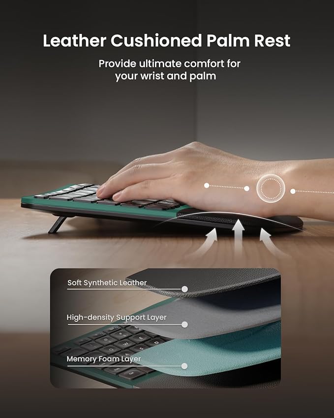 ProtoArc Ergonomic Wireless Keyboard Mouse, EKM01 Plus Full Size Ergo Bluetooth Keyboard Mouse Combo, Split Design, Wrist Rest, Multi-Device, Rechargeable, for Windows/Mac OS - Green