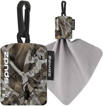 SPUDZ Classic Microfiber Lens Cleaner – Clip-On Pouch, Washable – for Binoculars, Scopes, Glasses, Screens | Vanish Tan, 6 x 6 Inch