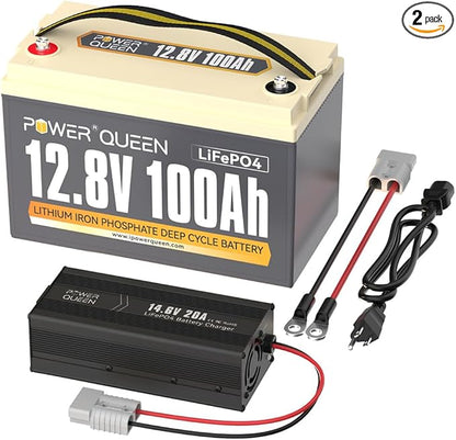 Power Queen 12.8V 100Ah LiFePO4 Battery with 14.6V 20A LiFePO4 Battery Charger; Built-in 100A BMS, Fast and Fully Charged, 4000+ Cycles, Perfect for RV, Trailer, Camping, Solar System