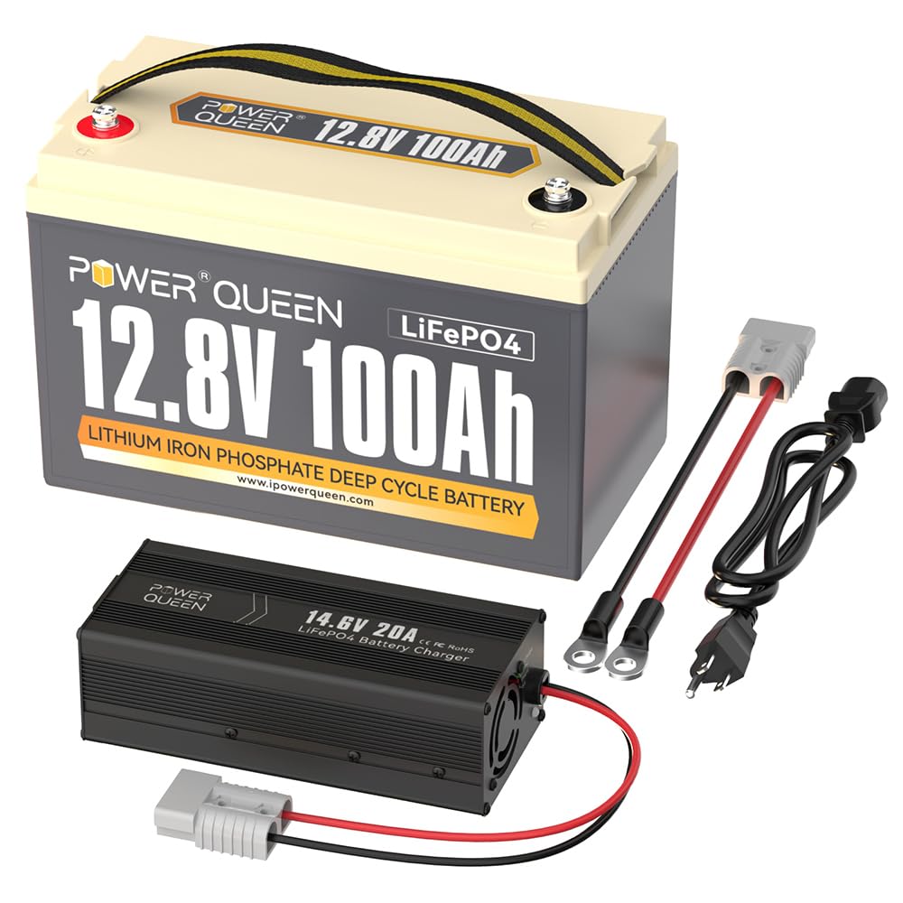 Power Queen 12V 100Ah LiFePO4 Battery with 12V 20A Lithium Battery Charger