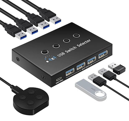 USB 3.0 Switch 4 Computers 3 Computers Keyboard Mouse,4 Port USB Switcher Sharing Mouse Keyboard Scanner Printer, Includes Cables and Remote