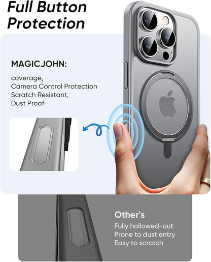 MAGIC JOHN 360° Rotatable Magnetic Invisible Stand for iPhone 16 Pro Case [Camera Control Button] [Compatible with MagSafe] 16FT Shockproof for iPhone 16 Pro Case with Kickstand, Gray