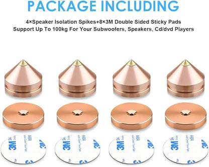 4Pcs Speaker Spikes Floor Protectors Shockproof Speaker Isolation Spikes with Base Pad for Speaker,Subwoofer,Amplifier,Turntable,Recorder CD DAC with 3m Adhesive (Gold)