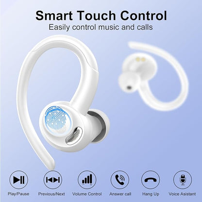 Wireless Earbuds Bluetooth 5.3 Headphones Sports, 48Hrs Playtime Bluetooth Earbuds with CVC 8.0 Mic, 2025 Stereo Bass Over Ear Bud with Earhooks, LED Display, IP7 Waterproof Earphon for Running White