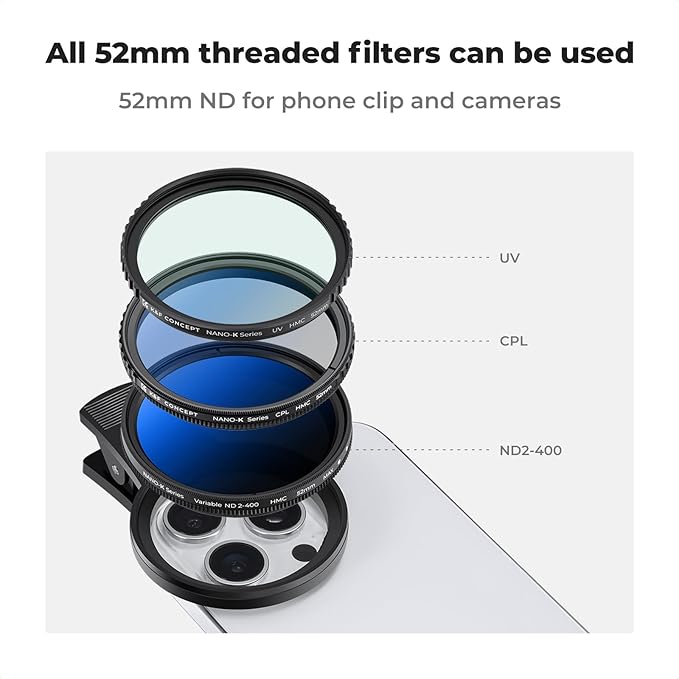 K&F Concept 52mm Clip-on ND2-400 Phone Camera Lens Filter Kit, Adjustable Neutral Density Filter Compatible with iPhone 15 14 13 12 11