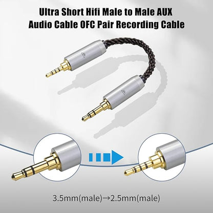 okcsc 3.5MM Male to 2.5MM Male Ultra Short Hifil Male to Male AUX Audio Cable OFC Pair Recording Cable Wire-Breakage-Prevention Design Adoption of 8-Core Braided Structure 5.82 inch