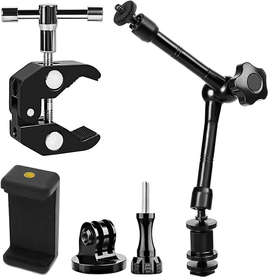 Niewalda Magic arm Camera Mount ，articulating arm- 11 Inch Metal Adjustable Friction Articulated arm with Super Clamp/Phone Clip, for Various Action Camera/DSLR/LCD Monitor/LED Lights/Cell Phone