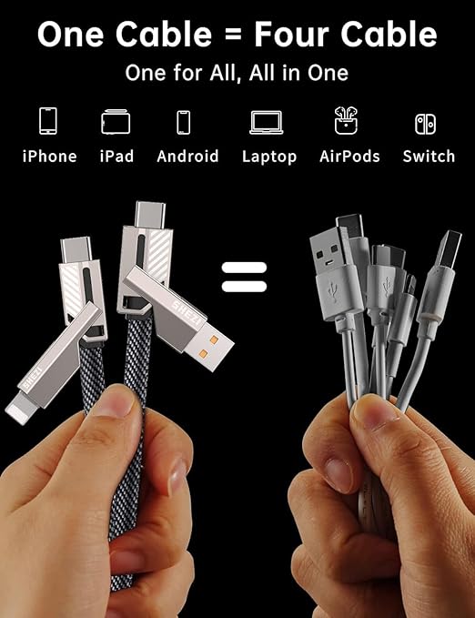 Jixivor 5FT 4 in 1 Multi Charging Cable, 60W USB A/C to C/Lightning Cable Combo, Support High-Speed Charging & Fast Data Transfer, CarPlay & Android Auto, Multi Charger Cord for iPhone/Samsung/iPad