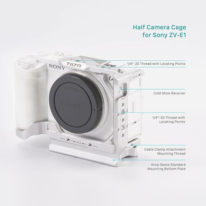 Tilta Half Camera Cage for ZV-E1 | Cold Shoe, NATO Rail, M3 and 1/4""-20 Threads Mounts | Silver