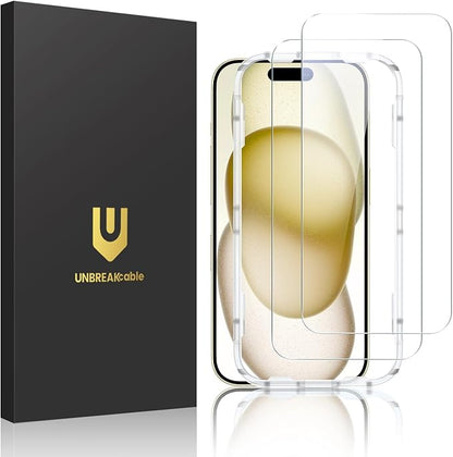 UNBREAKcable 2-Pack Screen Protector for iPhone 16 / iPhone 15, Double Shatterproof Tempered Glass [Easy Installation] [9H Hardness] [99.99% HD Clear] [Case Friendly] for iPhone 6.1 inch