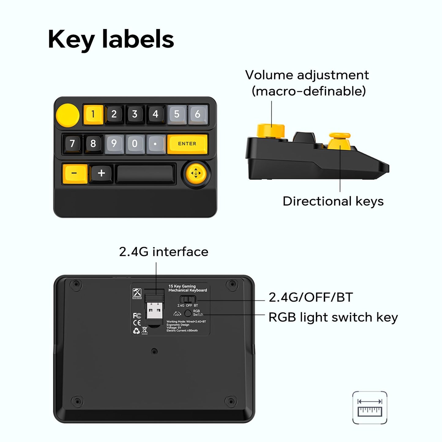 Adventurers W909 Wireless RGB Mechanical Numeric Keypad, Hot-Swappable, Macro-Programmable Numpad, Joystick & Knob Control for PC/Tablet/Laptop/Phone, Tri-Mode Connectivity (Yellow on Black)