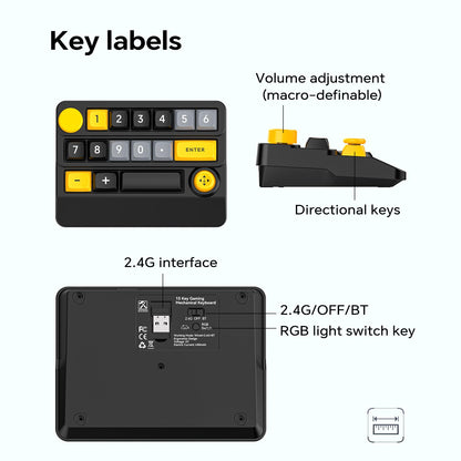 Adventurers W909 Wireless RGB Mechanical Numeric Keypad, Hot-Swappable, Macro-Programmable Numpad, Joystick & Knob Control for PC/Tablet/Laptop/Phone, Tri-Mode Connectivity (Yellow on Black)