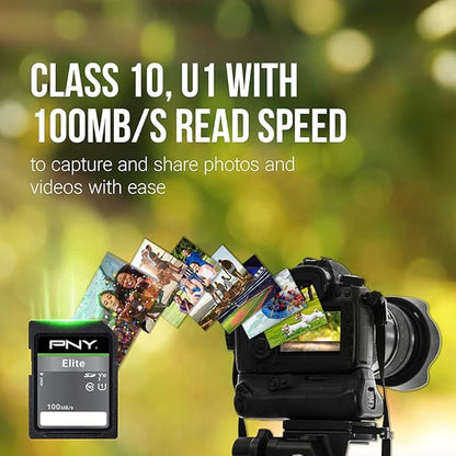 PNY 32GB Elite Class 10 U1 V10 SDHC Flash Memory Card - 100MB/s Read, Class 10, U1 Full HD, UHS-I, Full Size SD (Pack of 5)