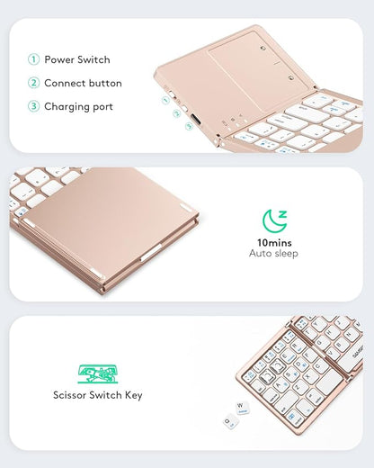 Samsers Multi-Device Foldable Bluetooth Keyboard with Touchpad, Rechargeable Dual-Mode(2.4G+BTx2) Wireless Keyboard with Holder, Portable Folding Keyboards for Android Windows iOS Mac OS - Pink